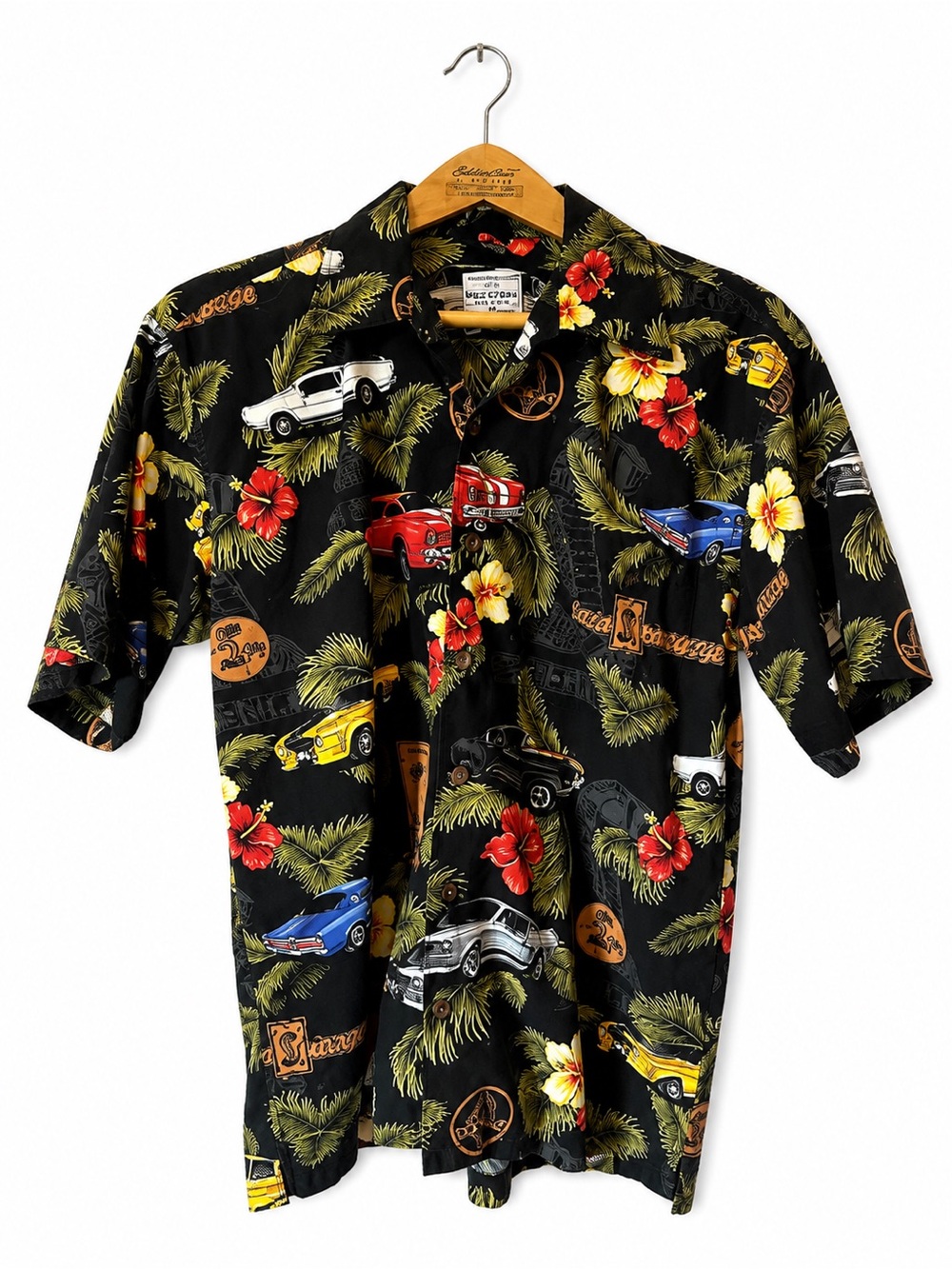 David Carey Rayon Blend Black Hawaiian Car-Print Short-Sleeve Shirt Men's L